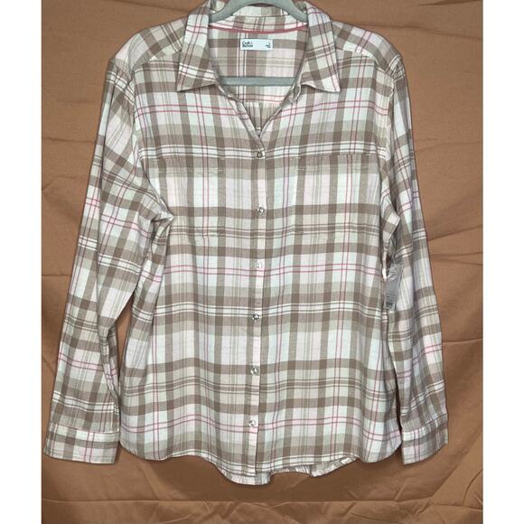 NWT-Croft & Barrow Beige/Tan & Pink Plaid Flannel Long Sleeve Button Up, Sz L - Picture 1 of 10